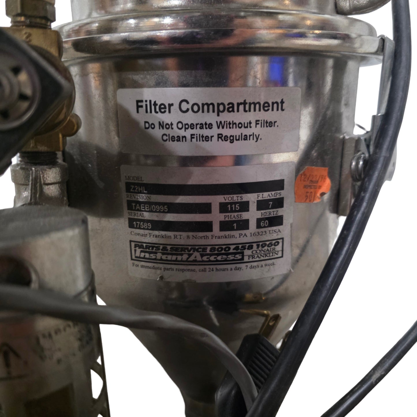 Used Conair Franklin Z2HL Self Contained Vacuum Material Loader 3/8HP 100lb/hr 120VAC