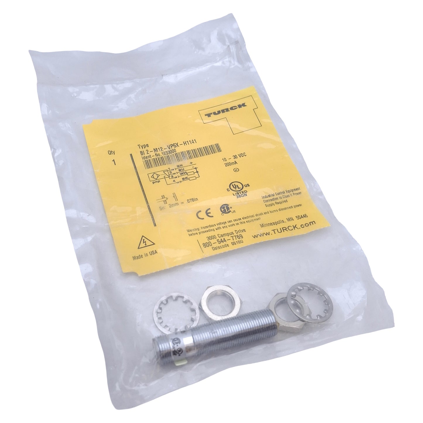 New Turck BI2-M12-VP6X-H1141 Inductive Sensor, PNP, 2mm Range, 10-30VDC, M12 4-Pin