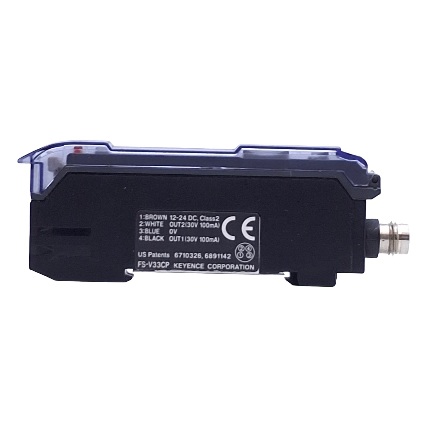 Used Keyence FS-V33CP Fiber Optic Sensor Amplifier PNP, 12-24VDC, M8 4-Pin, DIN Rail