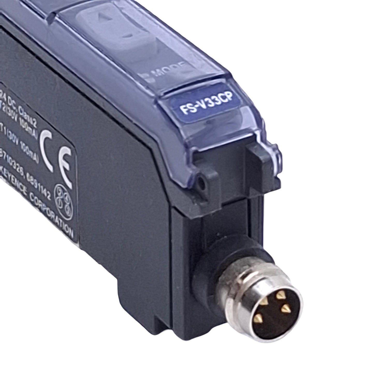 Used Keyence FS-V33CP Fiber Optic Sensor Amplifier PNP, 12-24VDC, M8 4-Pin, DIN Rail