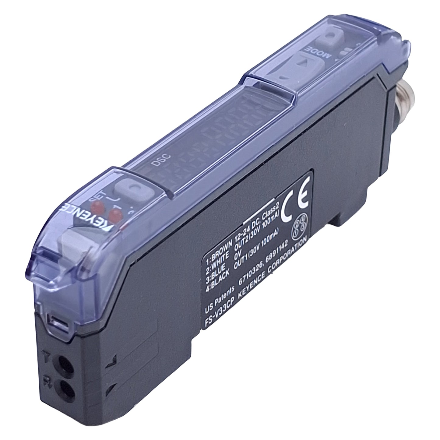 Used Keyence FS-V33CP Fiber Optic Sensor Amplifier 12-24VDC, PNP, M8 4-Pin, DIN Rail