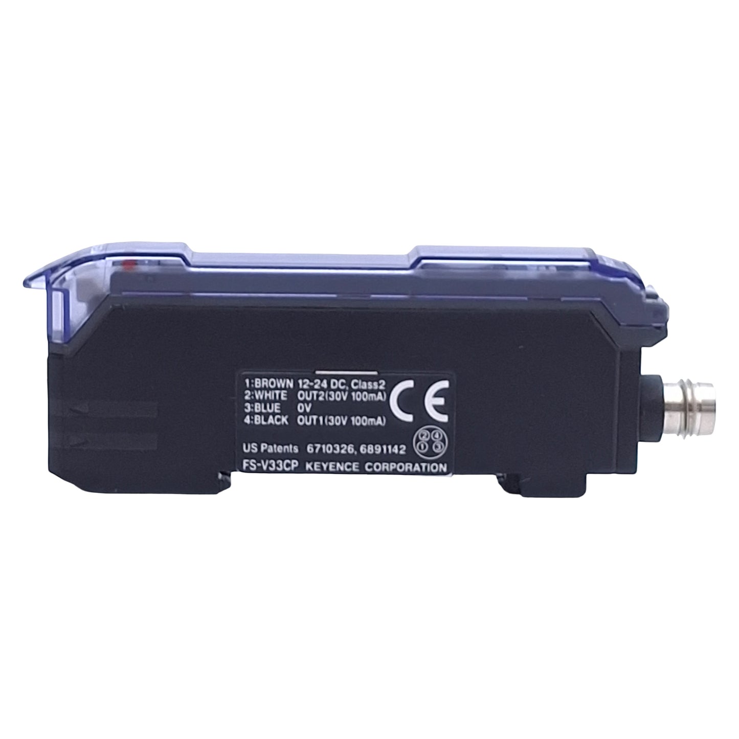 Used Keyence FS-V33CP Fiber Optic Sensor Amplifier 12-24VDC, PNP, M8 4-Pin, DIN Rail