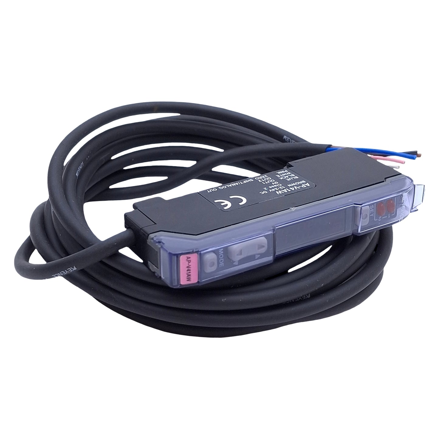 Used Keyence AP-V41AW Pressure Sensor Amplifier NPN, 12-24VDC, 6ft Cable, DIN Rail