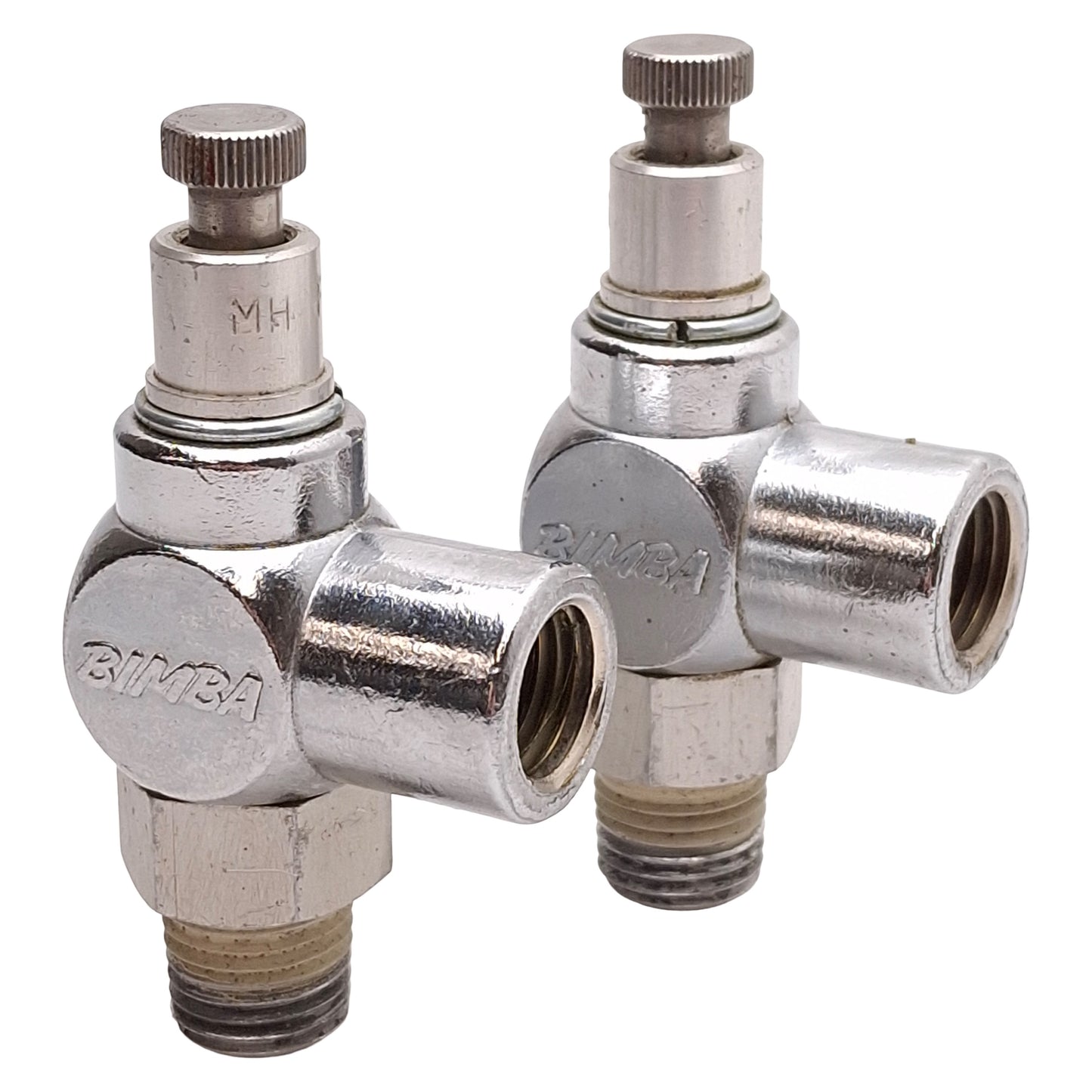 Used Lot of 2 Bimba FCP4K Flow Control Fitting, Knob, 150psi, 1/4in NPT Male & Female