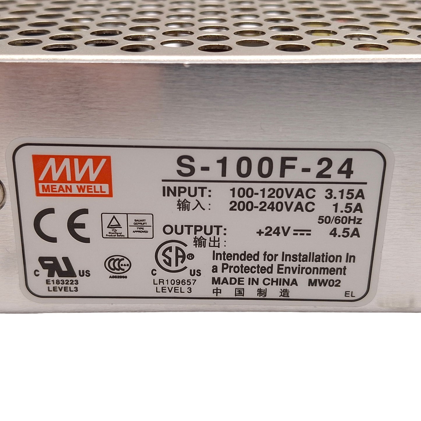 Used Mean Well S-100F-24 Power Supply, 108W 24VDC 4.5W OUT, 100-120/200-240VAC IN