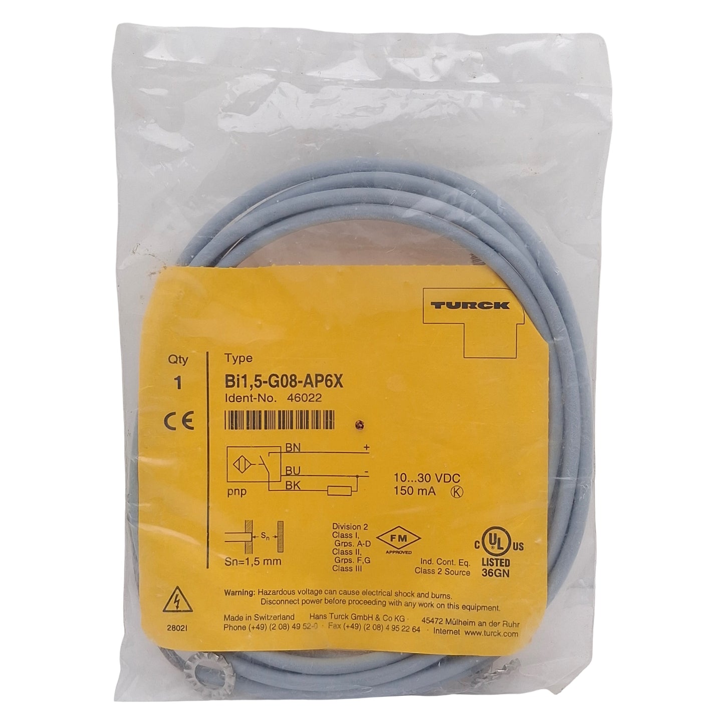 New Turck Bi1,5-G08-AP6X Inductive Sensor, PNP/NO, 1.5mm Range, M8, 10-30VDC, 2m