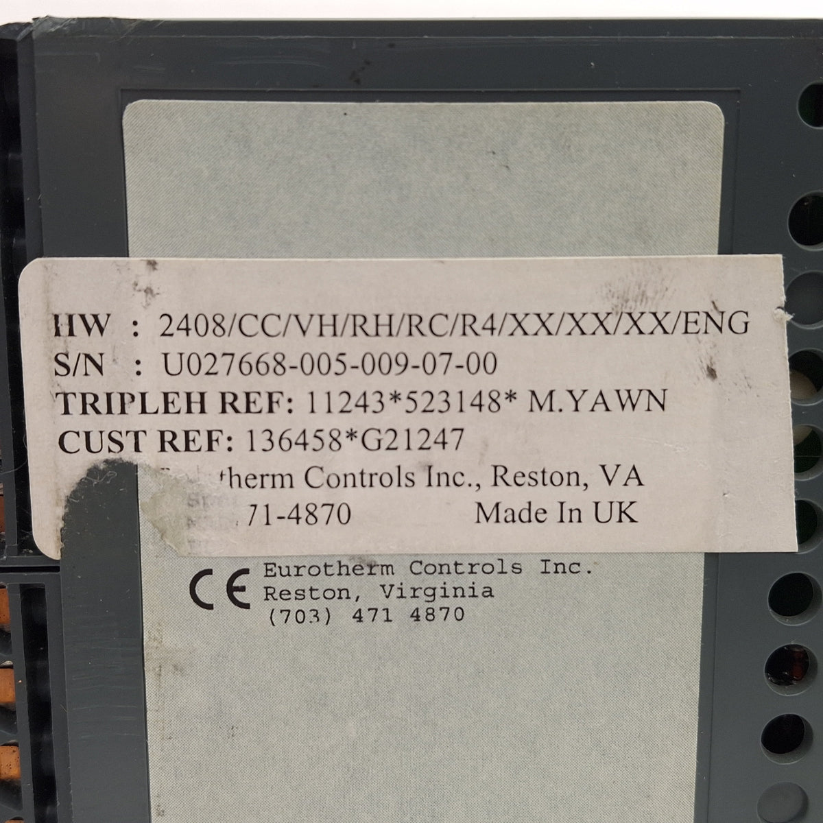 Used Eurotherm 2408/CC/VH/RH/RC/R4/XX/XX/XX/ENG PID Controller, 100-240VAC, 1/8 DIN