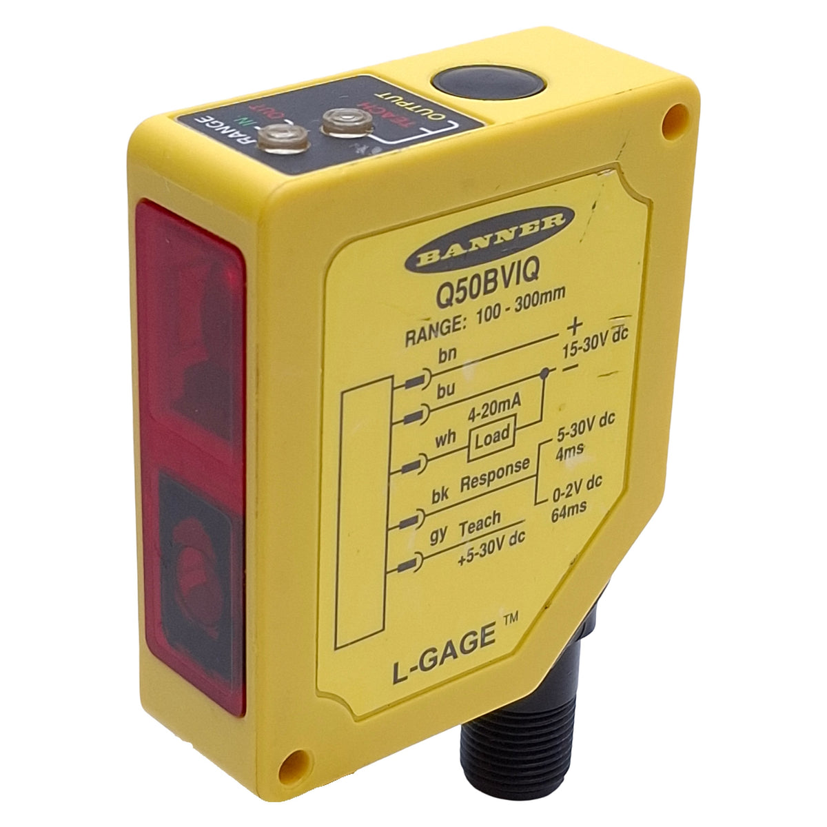 Used Banner Q50BVIQ L-GAGE LED Measurement Sensor 15-30VDC, 100-300mm Range, 5-Pin QD