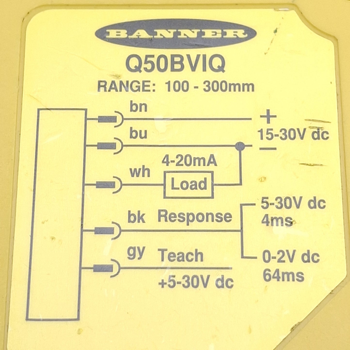 Used Banner Q50BVIQ L-GAGE LED Measurement Sensor 15-30VDC, 100-300mm Range, 5-Pin QD