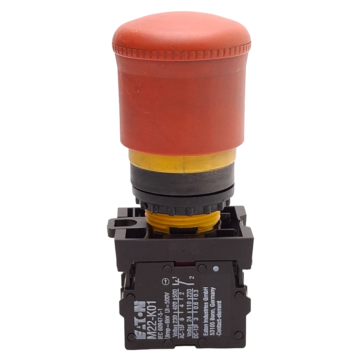 Used Eaton M22-PV-K02 Emergency Stop Button, Push-Pull, ø22.5mm, 2NC, 600VAC/250VDC