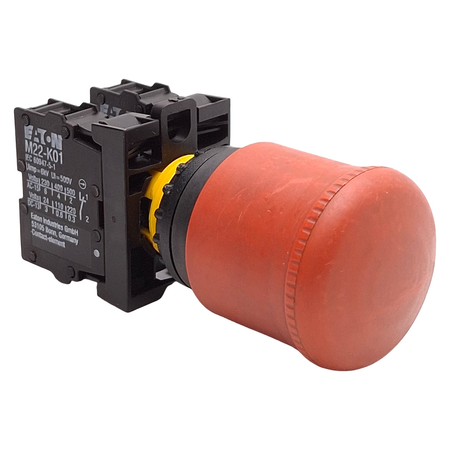 Used Eaton M22-PV-K02 Emergency Stop Button, Push-Pull, ø22.5mm, 2NC, 600VAC/250VDC