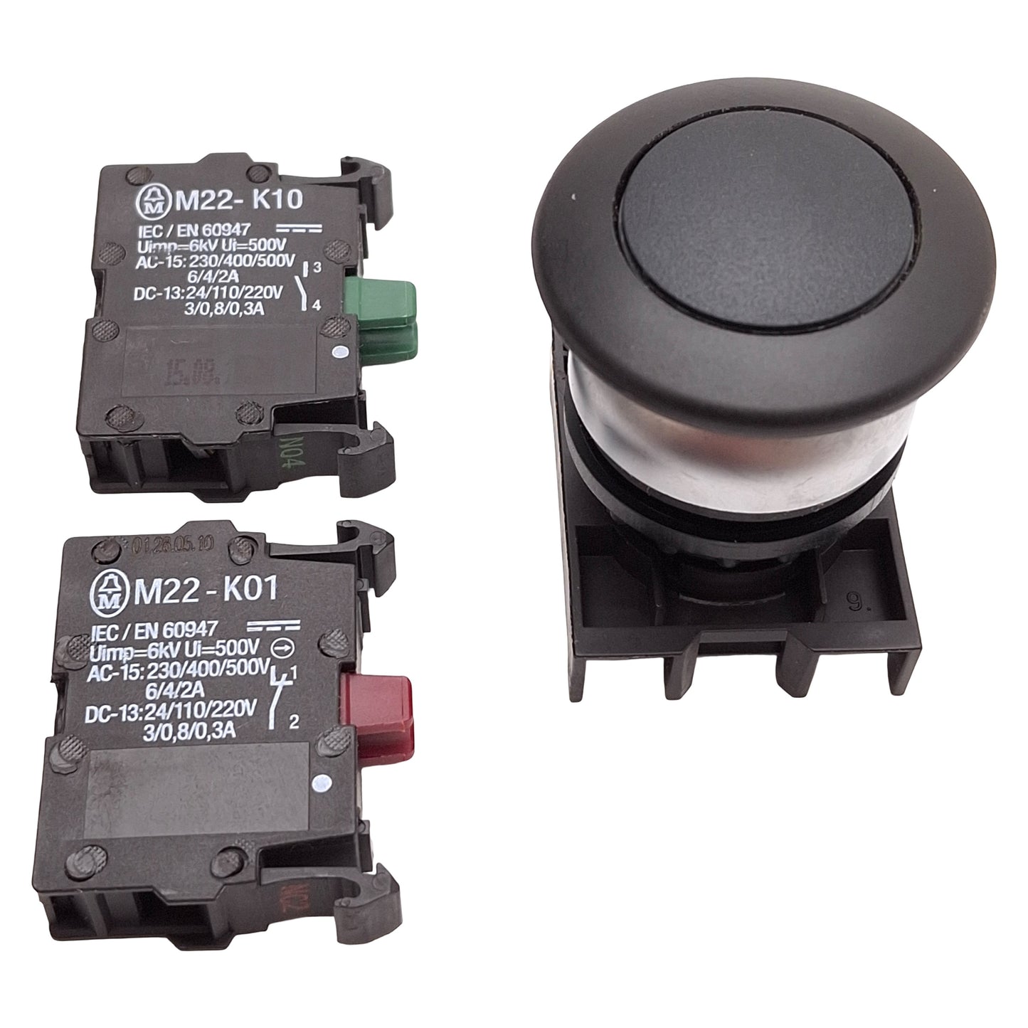Used Eaton M22-DP-S-K11 Black Mushroom Momentary Pushbutton, 1NO+1NC, 10A 600VAC