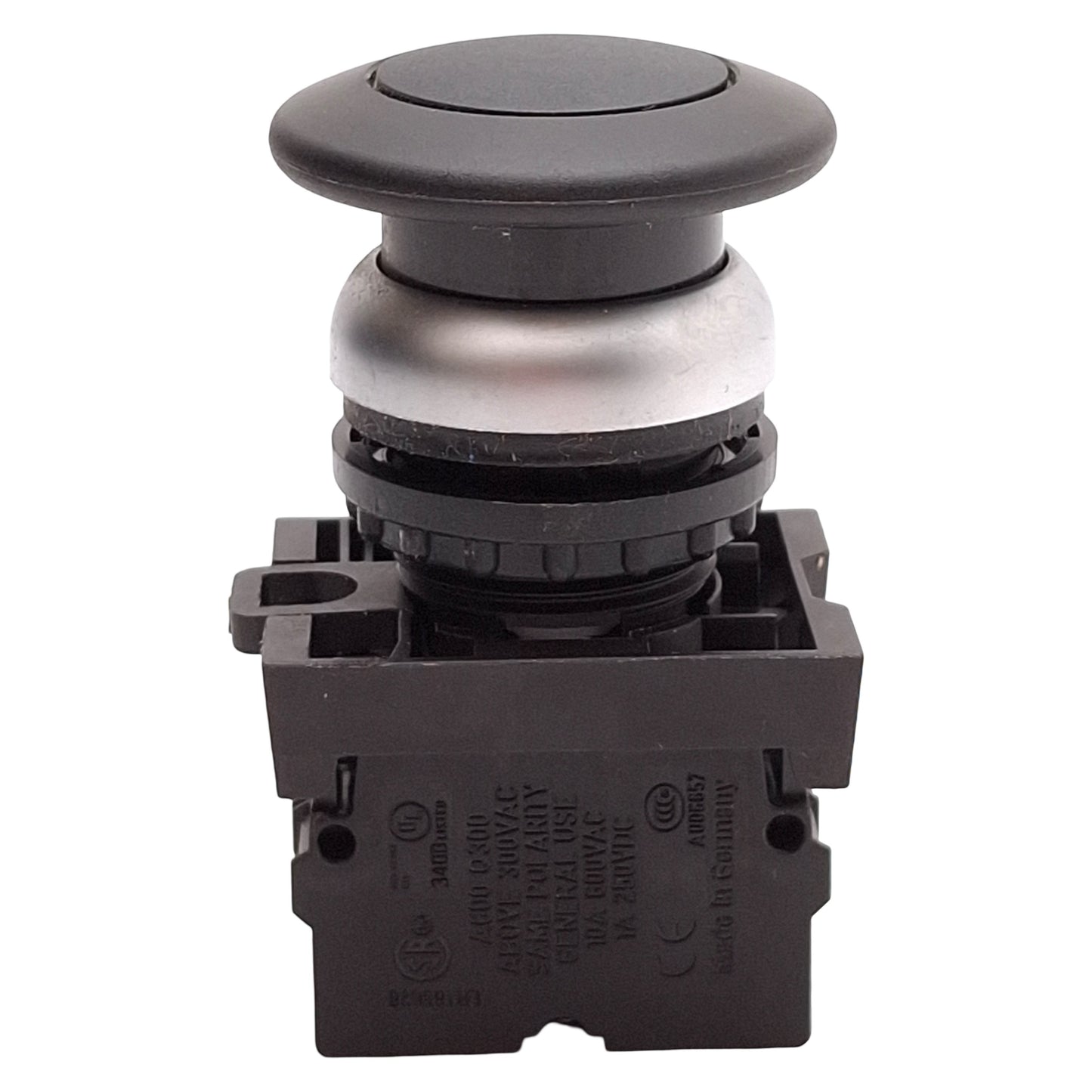 Used Eaton M22-DP-S-K11 Black Mushroom Momentary Pushbutton, 1NO+1NC, 10A 600VAC
