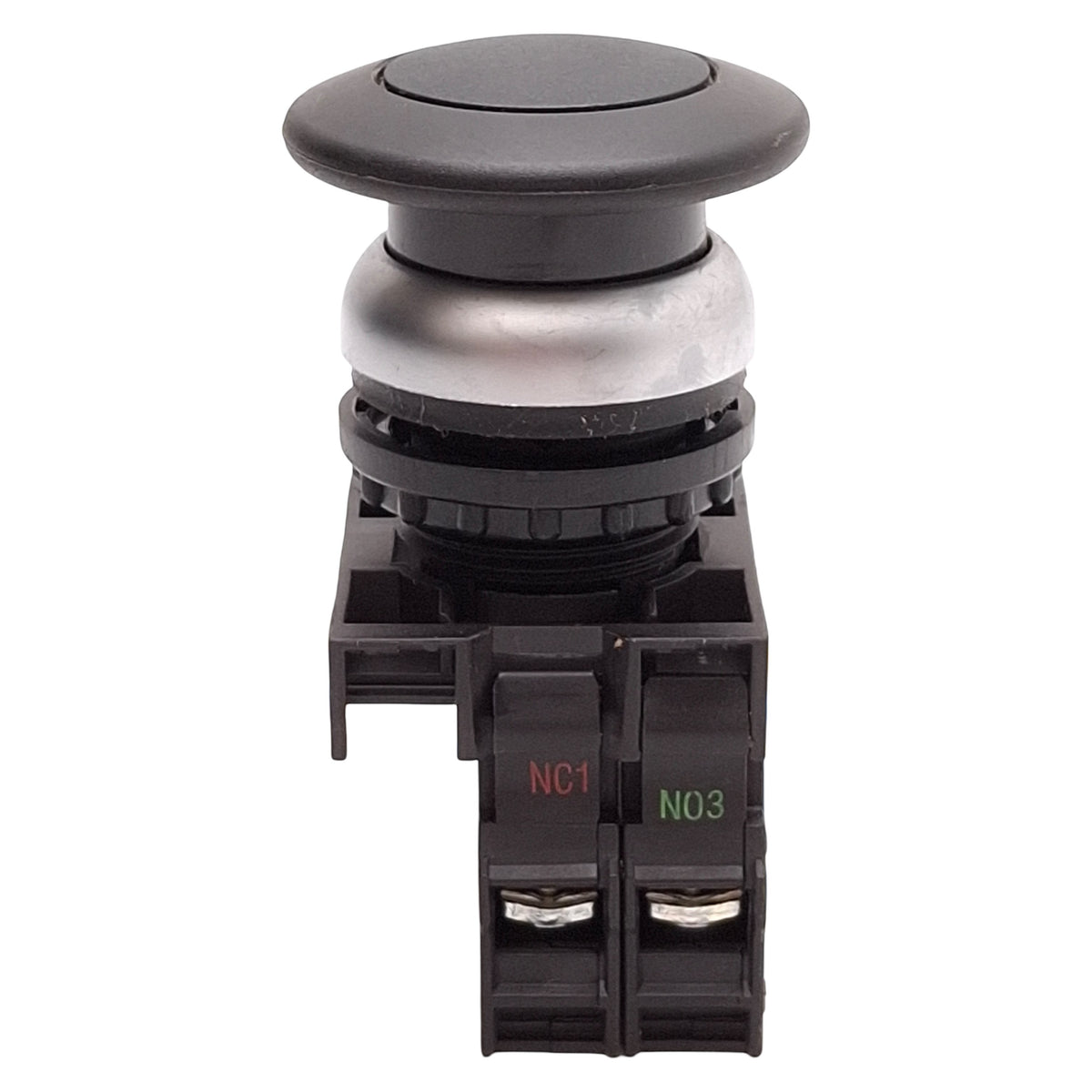 Used Eaton M22-DP-S-K11 Black Mushroom Momentary Pushbutton, 1NO+1NC, 10A 600VAC