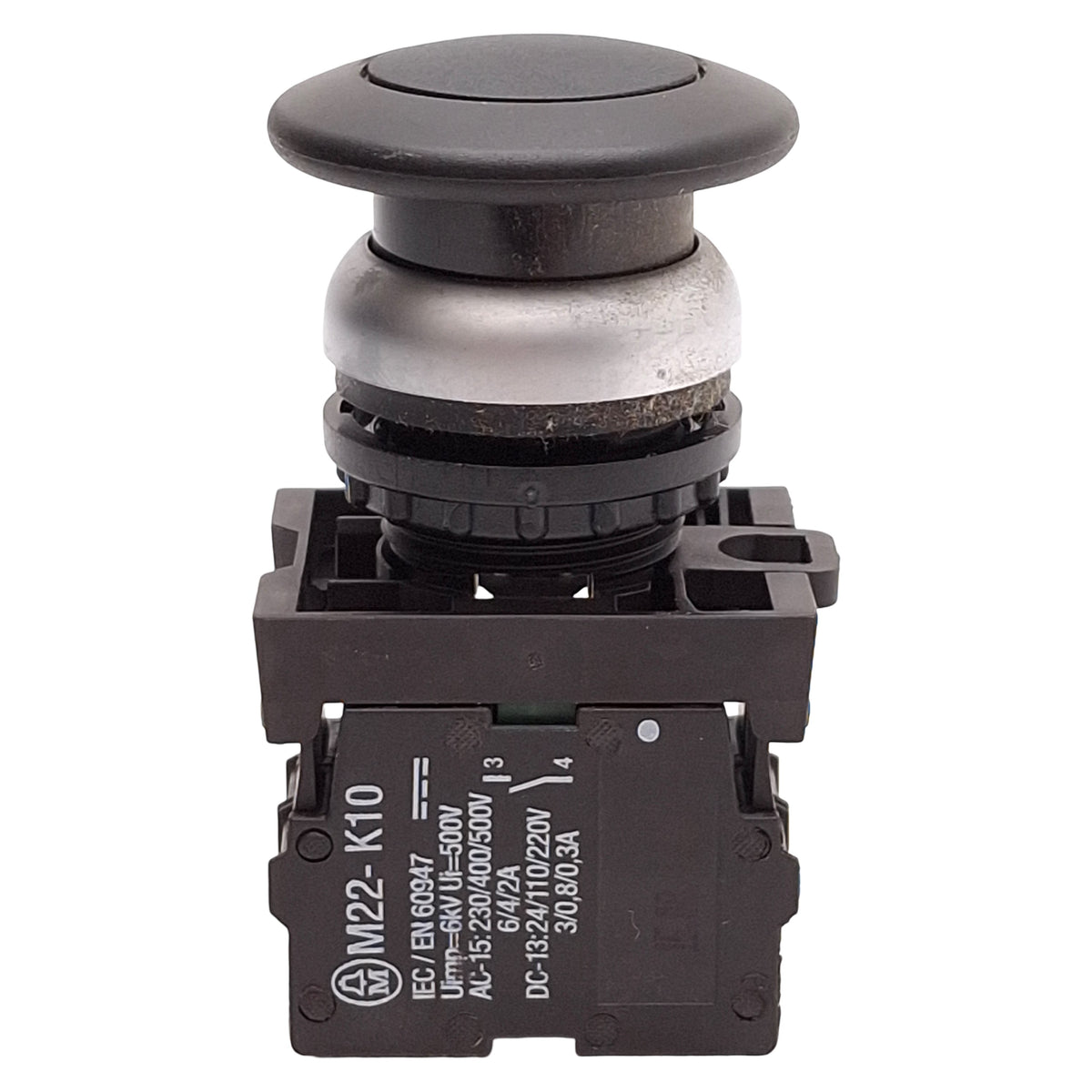Used Eaton M22-DP-S-K11 Black Mushroom Momentary Pushbutton, 1NO+1NC, 10A 600VAC