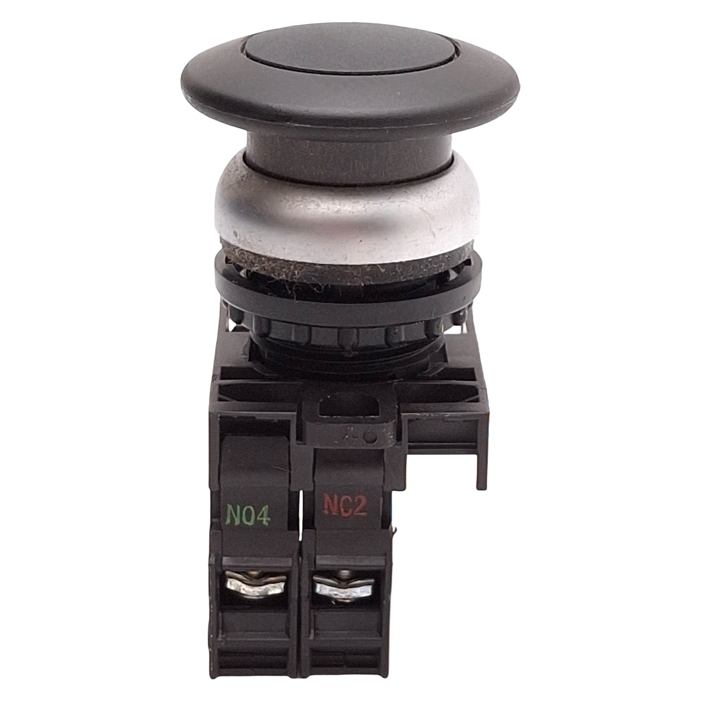 Used Eaton M22-DP-S-K11 Black Mushroom Momentary Pushbutton, 1NO+1NC, 10A 600VAC
