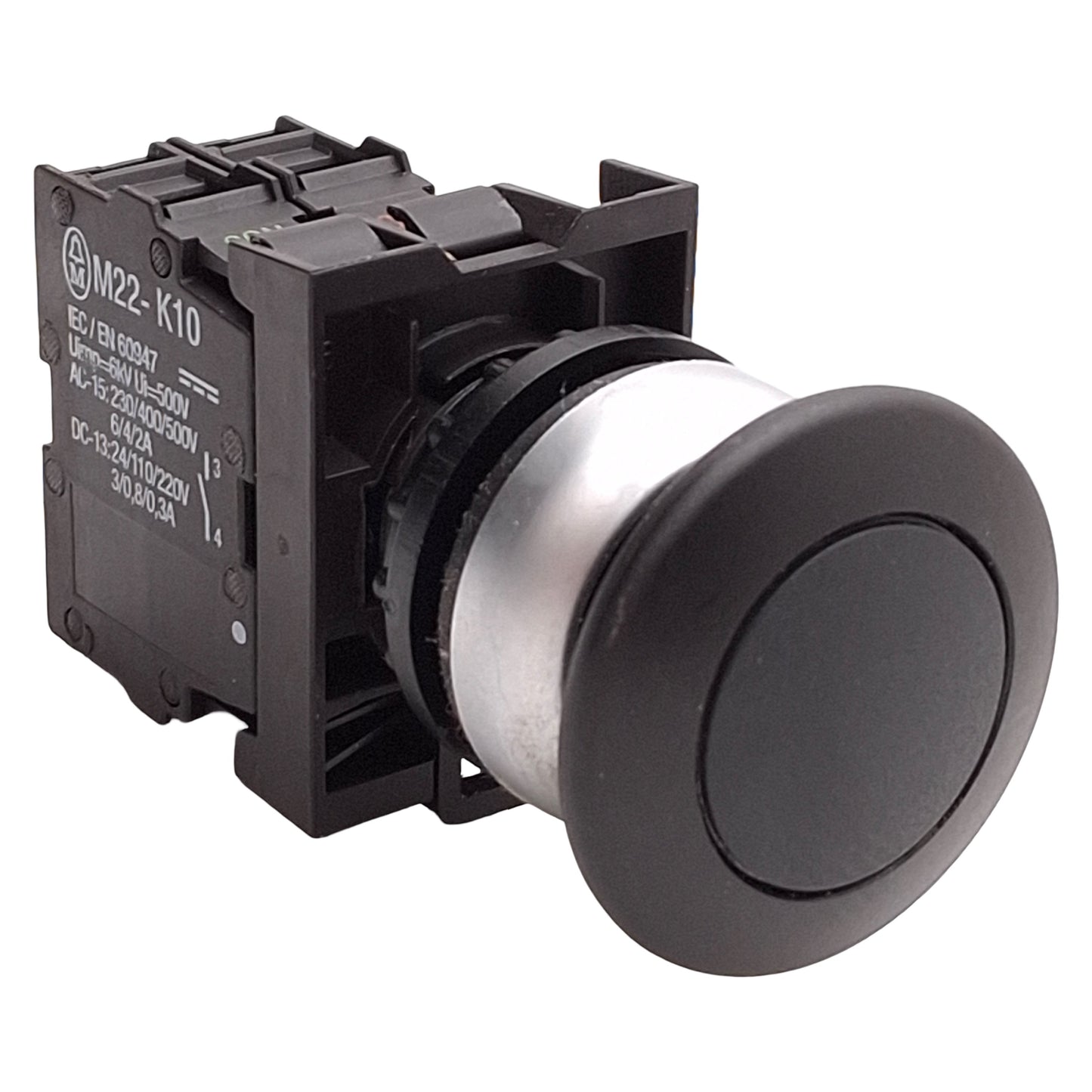 Used Eaton M22-DP-S-K11 Black Mushroom Momentary Pushbutton, 1NO+1NC, 10A 600VAC