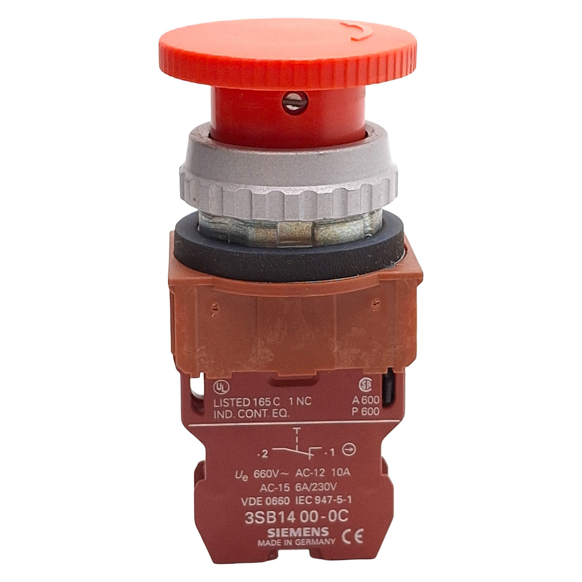 Used Siemens 3SB1400-0C Red Mushroom Pushbutton, Twist-Release, 1NC, 10A 660VAC