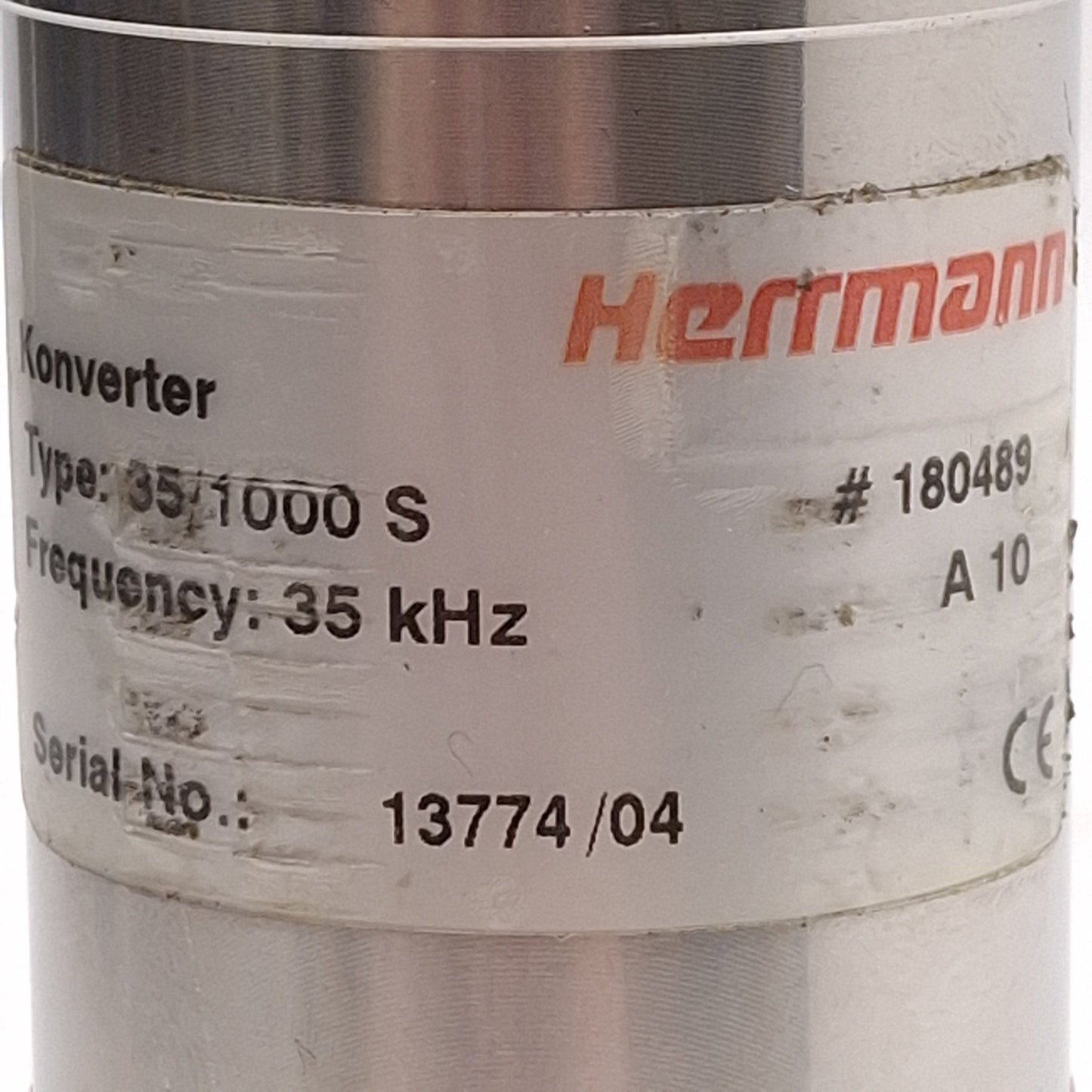 Used Herrmann 35/1000 S 180489 Ultrasonic Welding Converter w/ Clamp, 35kHz, 1000W