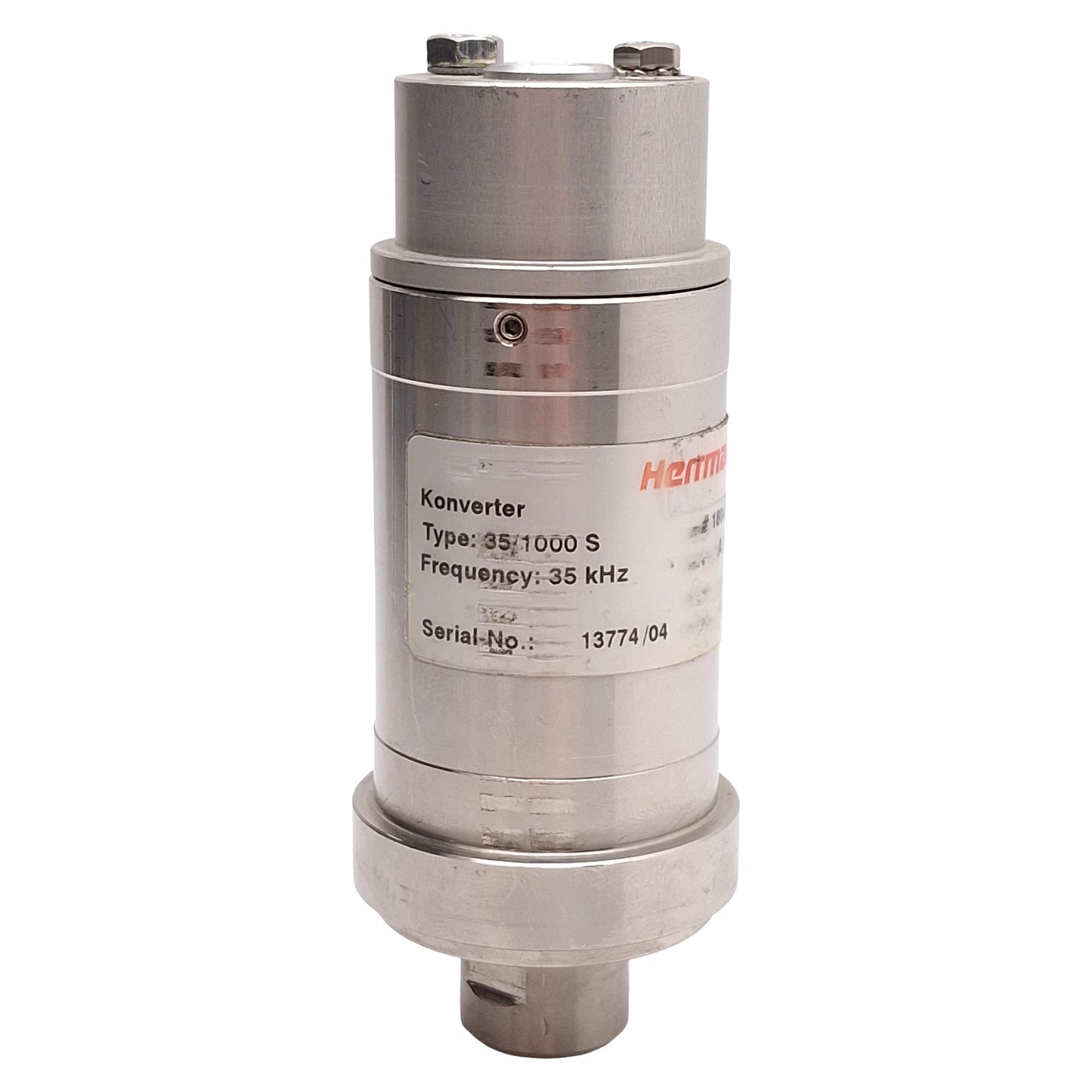 Used Herrmann 35/1000 S 180489 Ultrasonic Welding Converter w/ Clamp, 35kHz, 1000W