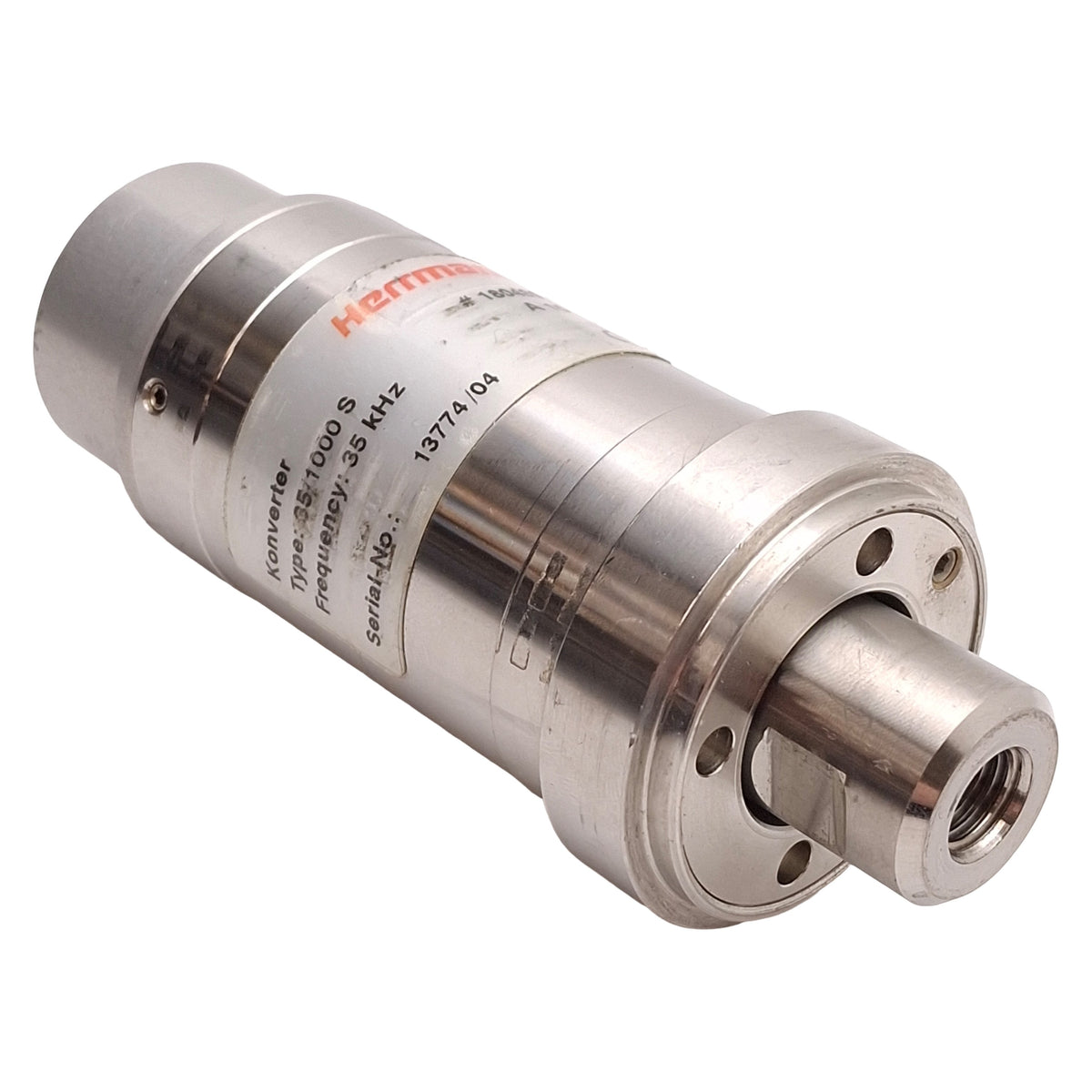 Used Herrmann 35/1000 S 180489 Ultrasonic Welding Converter w/ Clamp, 35kHz, 1000W