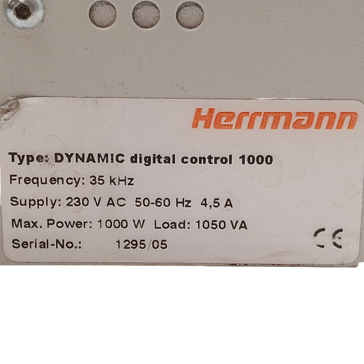 Used Hermann Dynamic Digital Control 1000 Ultrasonic Generator, 35kHz, 1000W, 230VAC