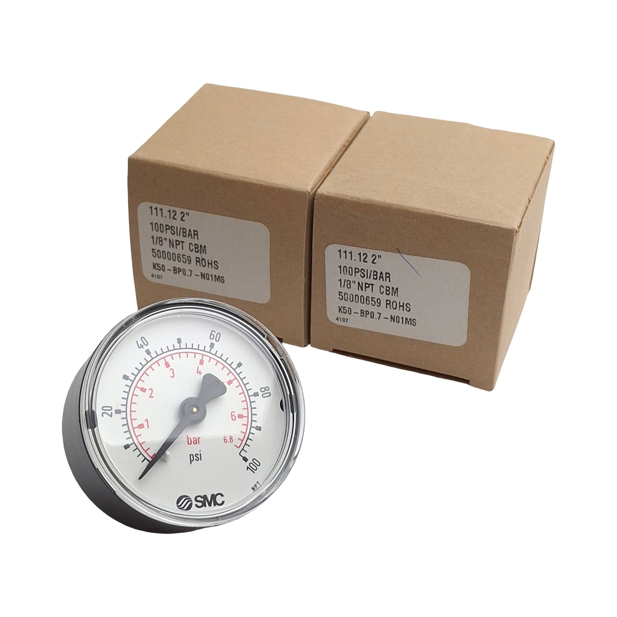 New Lot of 3 SMC K50-BP0.7-N01MS Pressure Gauges, Range: 0-100psi (0-6.8 bar)