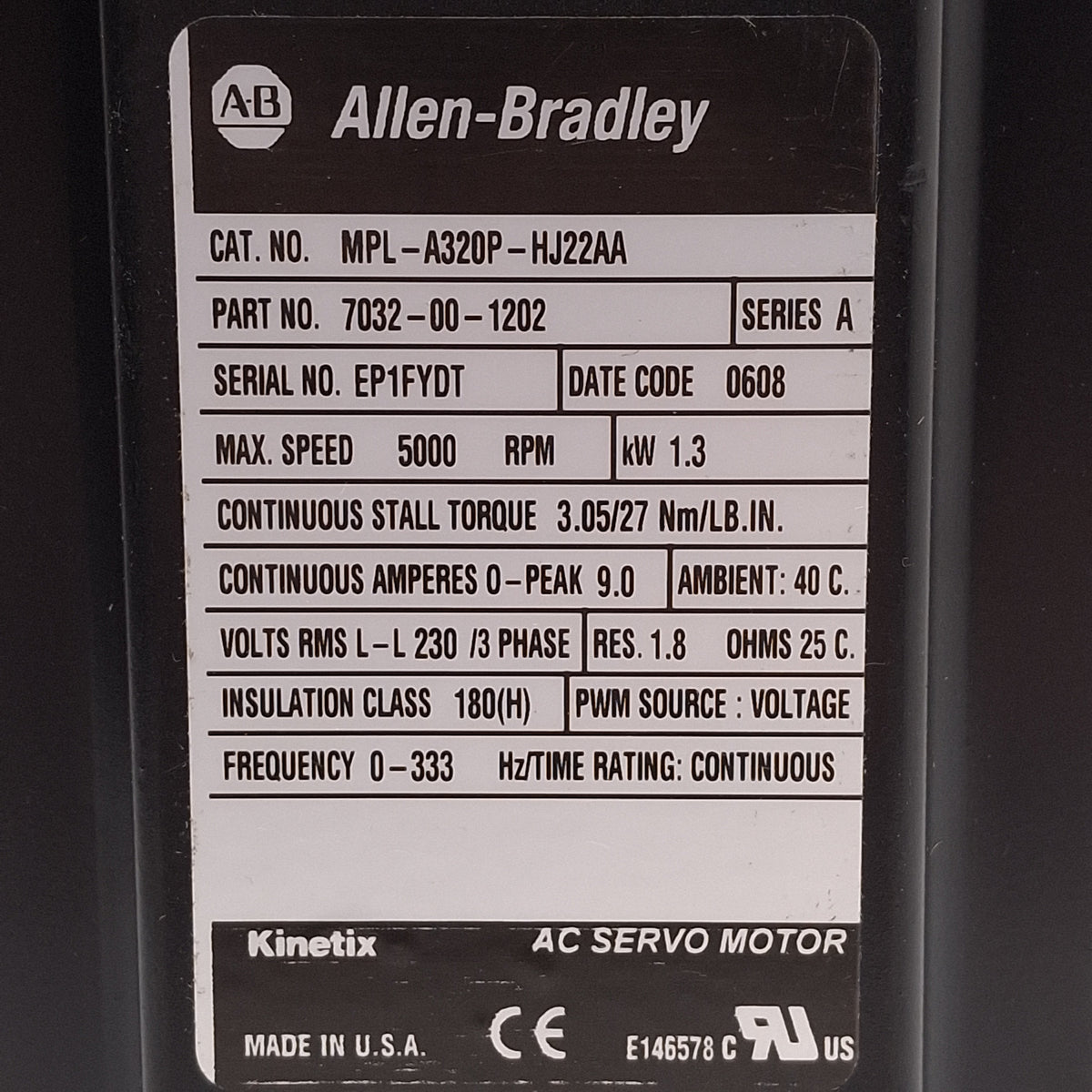 New Allen Bradley MPL-A320P-HJ22AA Servo Motor 1.3kW 230VAC, 2000 lines/rev, ø100mm