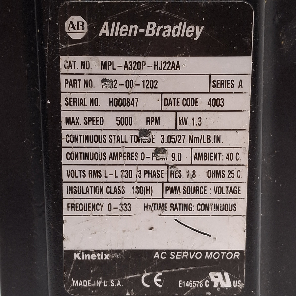 Used Allen Bradley MPL-A320P-HJ22AA Servo Motor, 1.3kW 230VAC, 2000 lines/rev, ø100mm