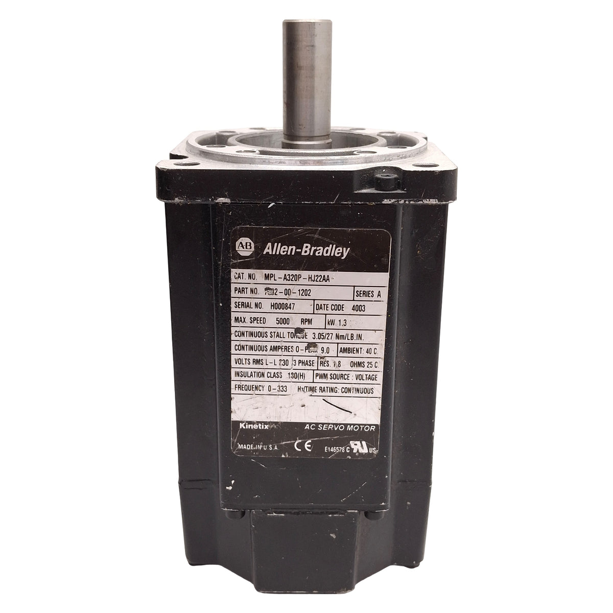 Used Allen Bradley MPL-A320P-HJ22AA Servo Motor, 1.3kW 230VAC, 2000 lines/rev, ø100mm