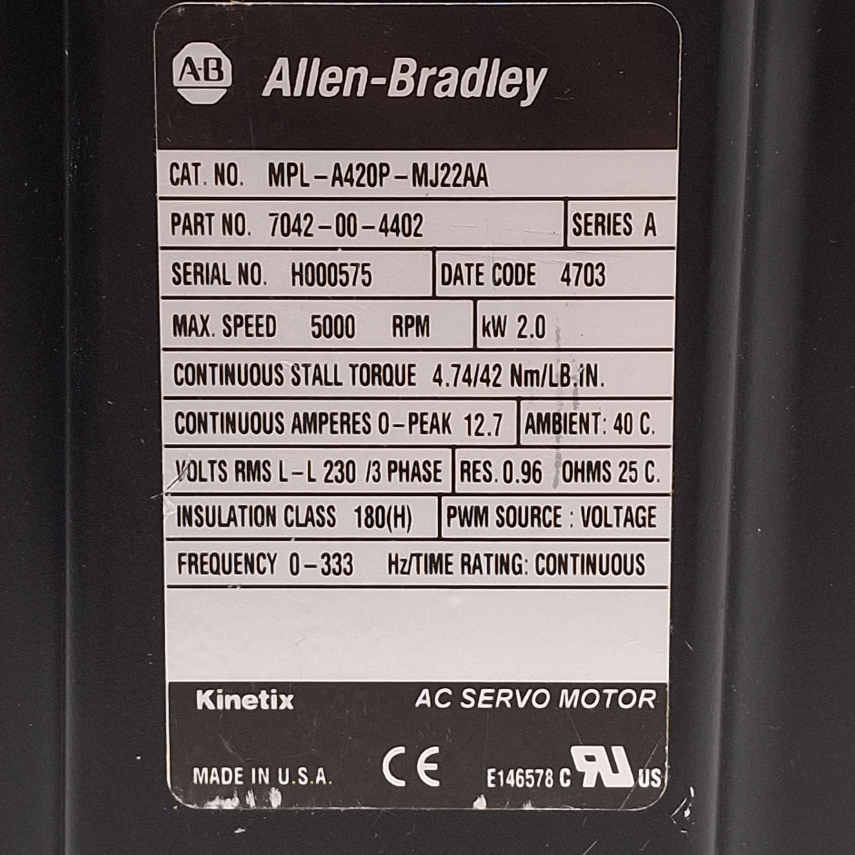 New Allen Bradley MPL-A420P-MJ22AA Servo Motor, 2.0kW 3Ø 230VAC, 1024sin/cos, ø115mm