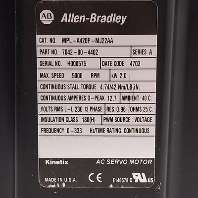 New Allen Bradley MPL-A420P-MJ22AA Servo Motor, 2.0kW 3Ø 230VAC, 1024sin/cos, ø115mm