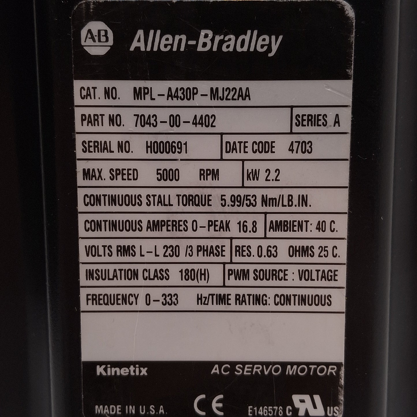 New Allen Bradley MPL-A430P-MJ22AA Servo Motor, 2.2kW 3Ø 230VAC, 1024sin/cos, ø115mm