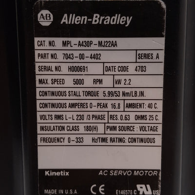 New Allen Bradley MPL-A430P-MJ22AA Servo Motor, 2.2kW 3Ø 230VAC, 1024sin/cos, ø115mm