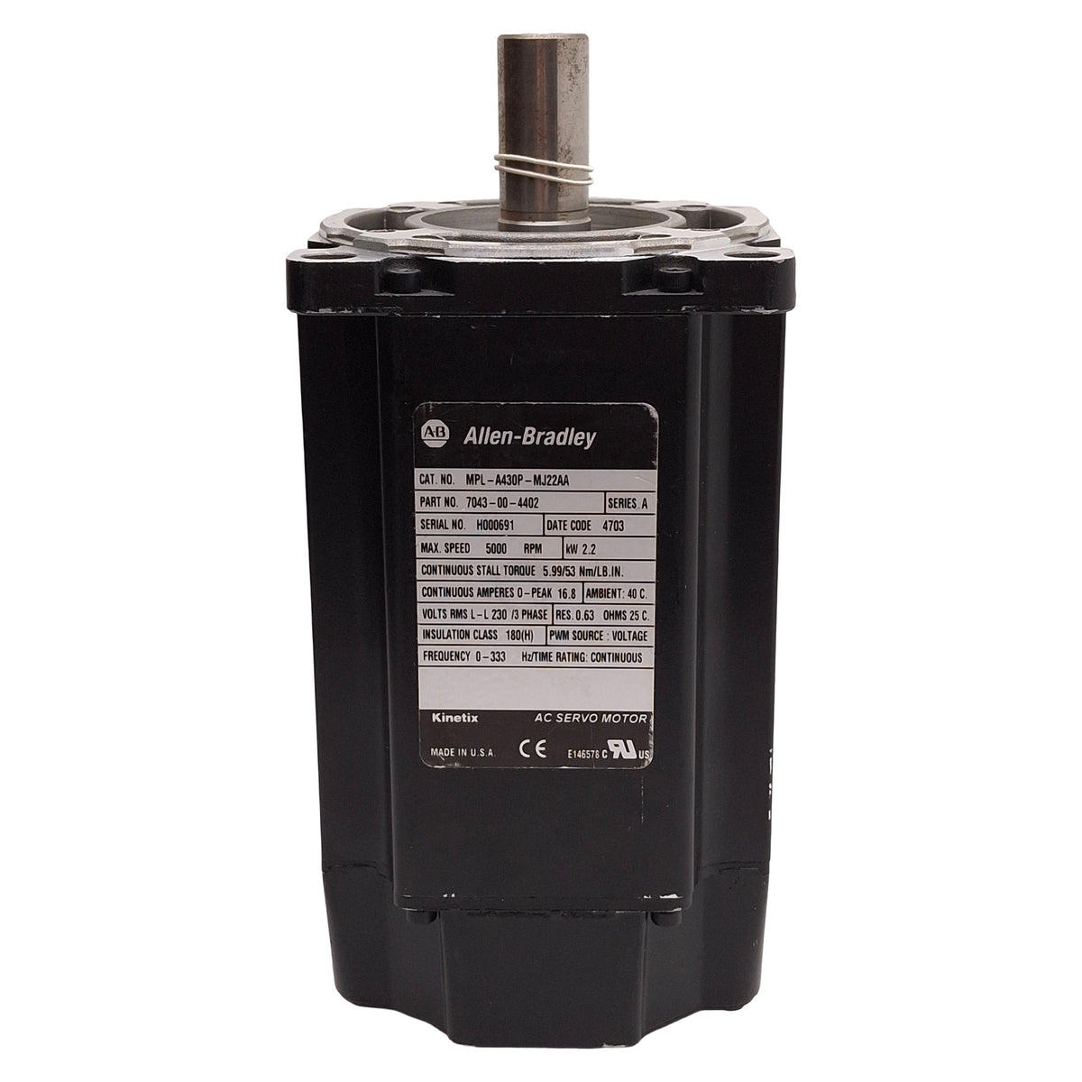 New Allen Bradley MPL-A430P-MJ22AA Servo Motor, 2.2kW 3Ø 230VAC, 1024sin/cos, ø115mm