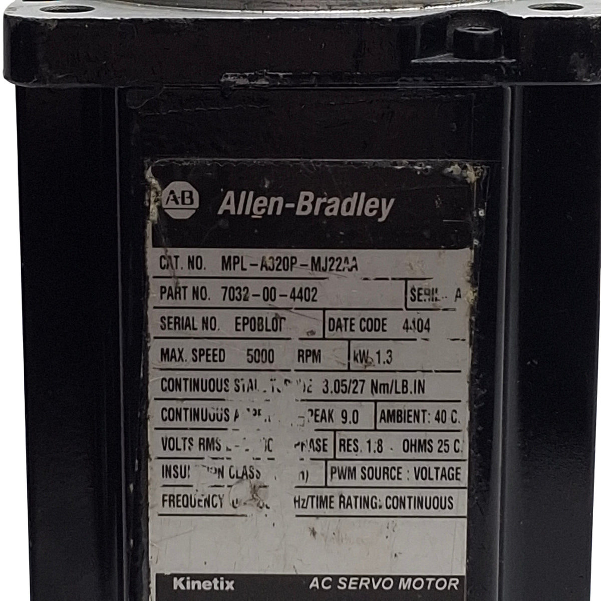 Used Allen Bradley MPL-A320P-MJ22AA Kinetix Servo Motor 1.3kW 5000RPM 3PH 230VAC 9A