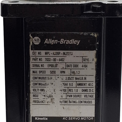 Used Allen Bradley MPL-A320P-MJ22AA Kinetix Servo Motor 1.3kW 5000RPM 3PH 230VAC 9A