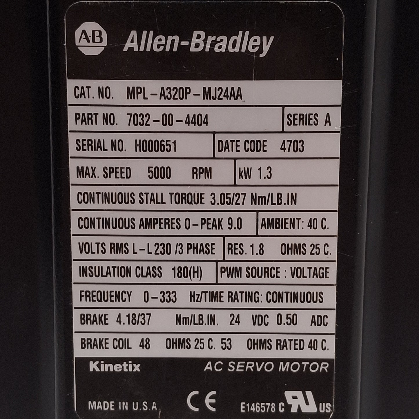 New Allen Bradley MPL-A320P-MJ24AA Servo Motor 1.3kW 230VAC 1024sin/cos, 24VDC Brake