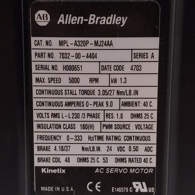 New Allen Bradley MPL-A320P-MJ24AA Servo Motor 1.3kW 230VAC 1024sin/cos, 24VDC Brake