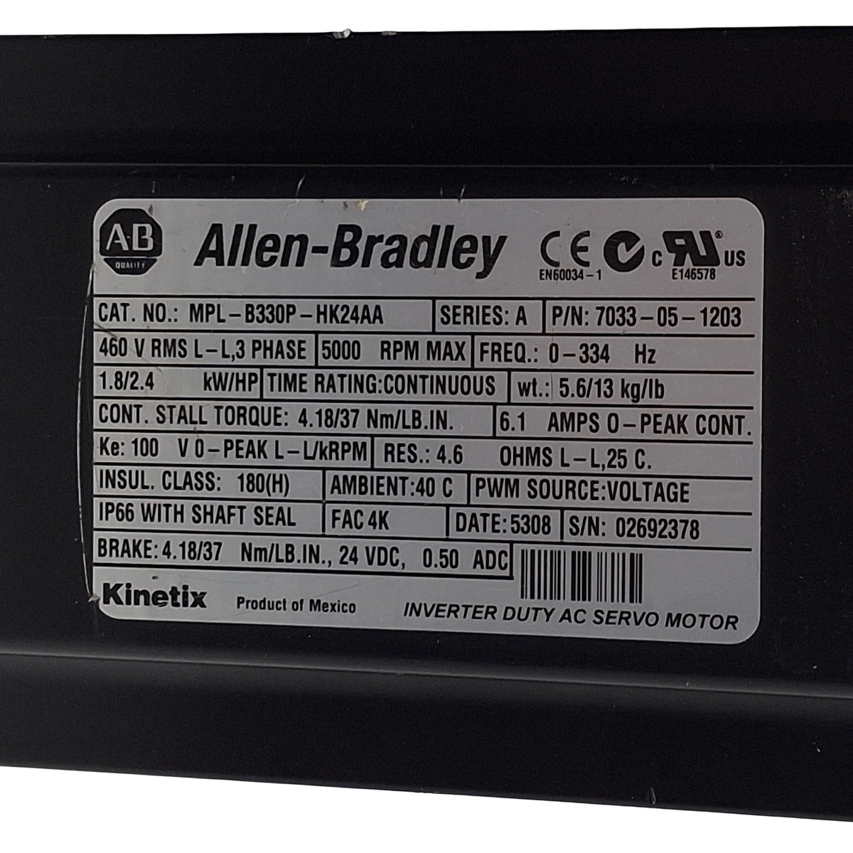 Used Allen Bradley MPL-B330P-HK24AA Servo Motor, 1.8kW, 460VAC, 100mm Frame w/Brake