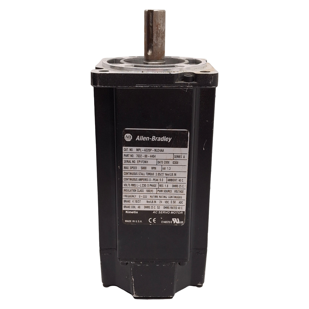 Used Allen Bradley MPL-A320P-MJ24AA Servo Motor, 1.3kW 230VAC 1024sin/cos 24VDC Brake
