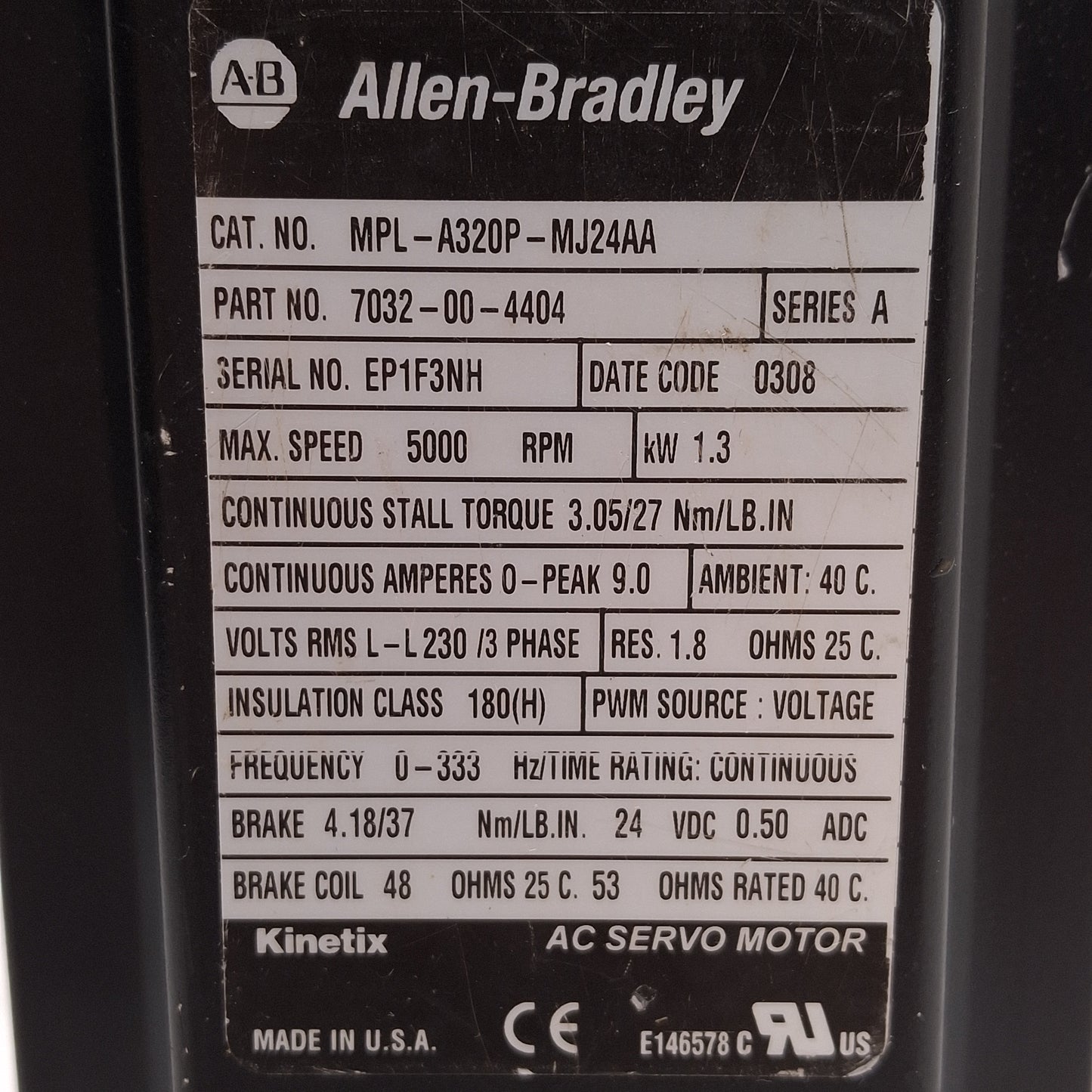 Used Allen Bradley MPL-A320P-MJ24AA Servo Motor, 1.3kW 230VAC 1024sin/cos 24VDC Brake