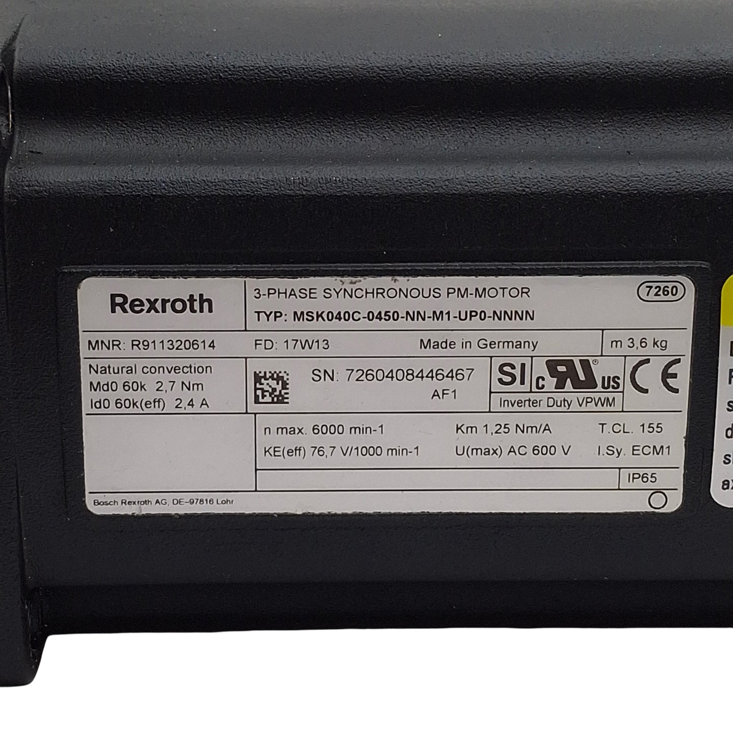 Used Rexroth R911320614 IndraDyn 3-Phase Synchronous Servo PM-Motor, 2.7Nm, 6000RPM