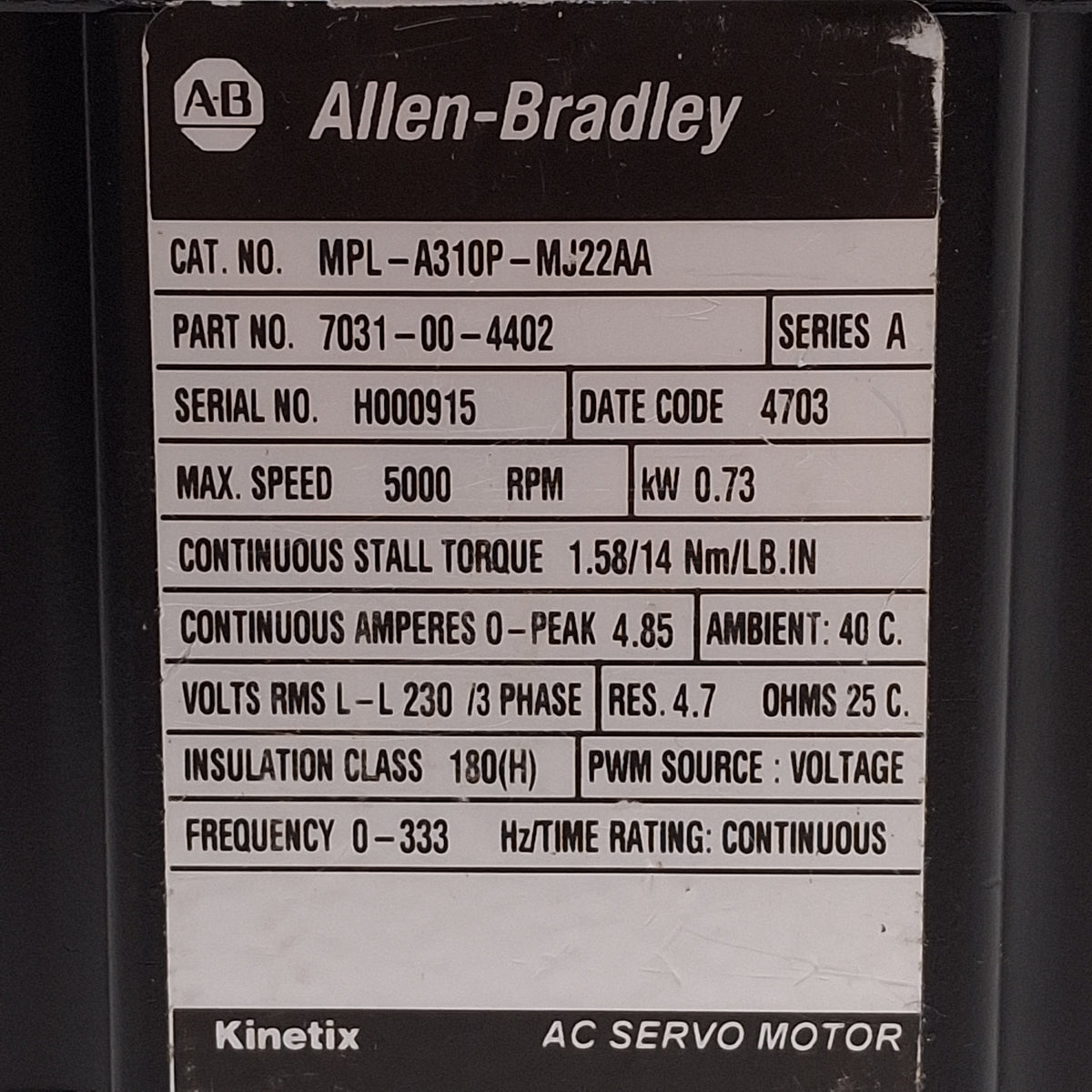 New Allen Bradley MPL-A310P-MJ22AA Servo Motor, 0.73kW 230VAC, 1024 sin/cos, ø100mm