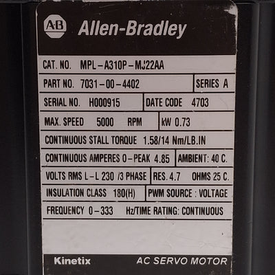 New Allen Bradley MPL-A310P-MJ22AA Servo Motor, 0.73kW 230VAC, 1024 sin/cos, ø100mm