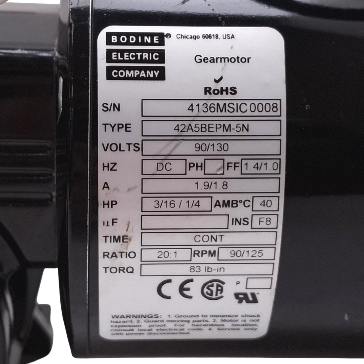 Used Bodine 42A5BEPM-5N Right Angle Gearmotor, 90/130VDC, 20:1, 125rpm 83lb-in Max