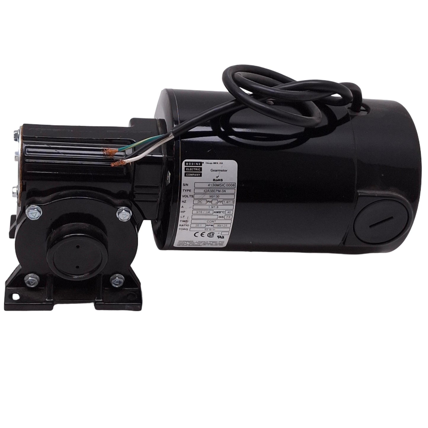 Used Bodine 42A5BEPM-5N Right Angle Gearmotor, 90/130VDC, 20:1, 125rpm 83lb-in Max