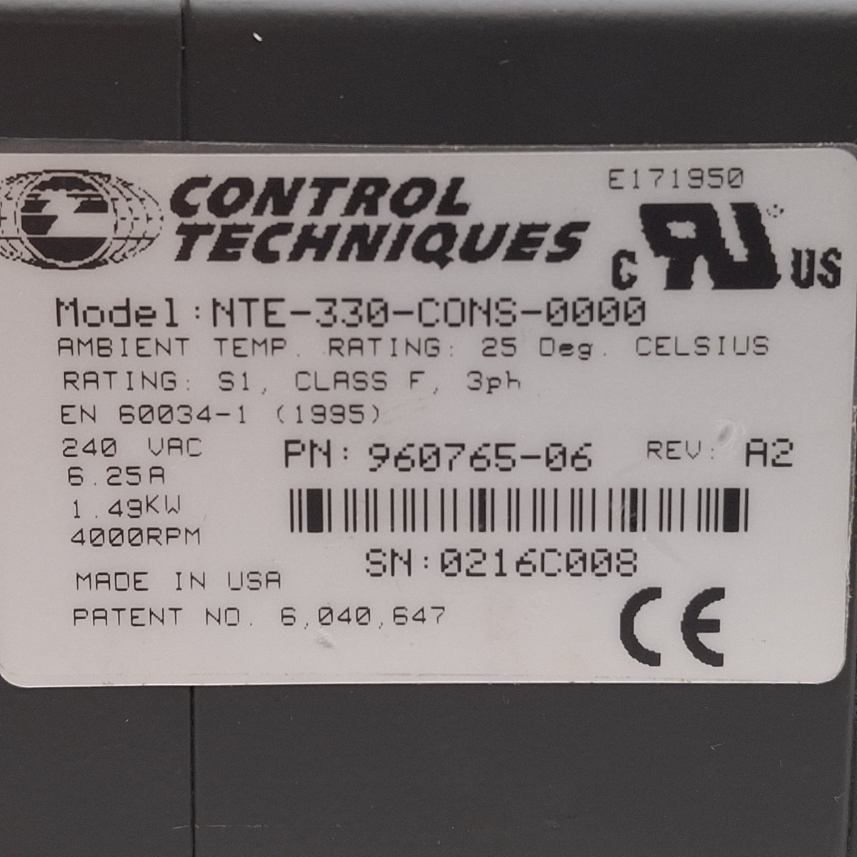 New – Open box Control Techniques NTE-330-CONS-0000 Servo Motor, 1.49kW, 3Ø 240VAC, NEMA 34