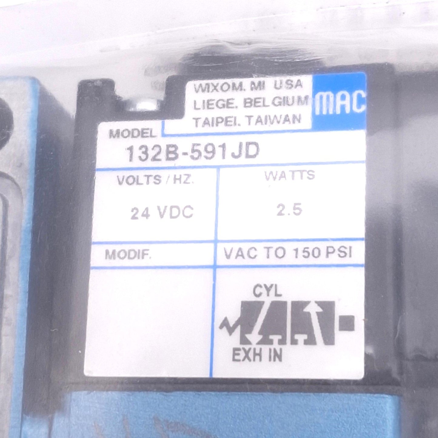 New Mac 132B-591JD Solenoid Valve, 3/2-Way NO/NC, 0-150psi Max, 24VDC Coil