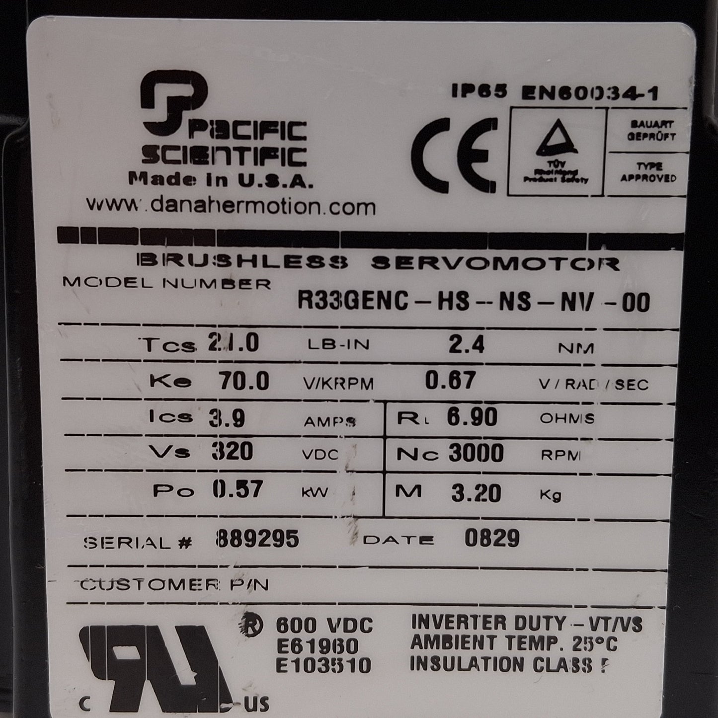 Used Pacific Scientific R33GENC-HS-NS-NV-00 Servo Motor, 0.57kW, 320VDC, NEMA 34